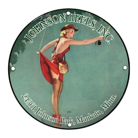 Vintage Johnson Reels, Inc. Porcelain Sign Featuring Classic Angler Design
