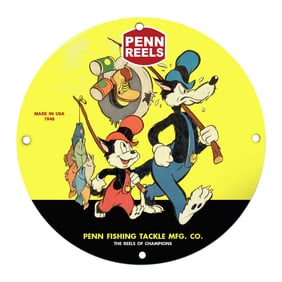 Vibrant Penn Reels Porcelain Sign Featuring Playful Fishing Characters, 1948
