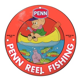 Whimsical Penn Reel Fishing Porcelain Sign Featuring Cartoon Pig and Playful Fish