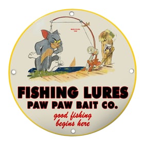 Colorful Porcelain Sign for Paw Paw Bait Co. Featuring Tom and Jerry Fishing Scene