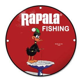Rapala Fishing Sign Featuring Colorful Cartoon Duck on Vibrant Red Background