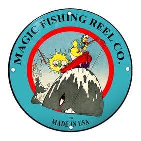 Colorful Porcelain Sign for Magic Fishing Reel Co. Featuring Whimsical Fishing Scene