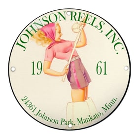 Vintage Johnson Reels Inc. Porcelain Fishing Sign Featuring Playful Angler