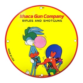 Whimsical Ithaca Gun Company Porcelain Sign Featuring Iconic Cartoon Characters