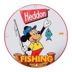 Vintage Heddon Fishing Sign Featuring Iconic Character from 1935
