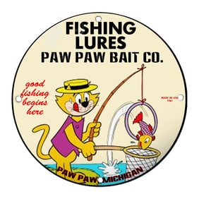 Whimsical Paw Paw Bait Co. Fishing Lures Porcelain Sign with Charming Cat Design