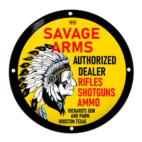 Bold Vintage Savage Arms Porcelain Sign with Native American Imagery ? 1951
