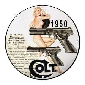 Colt 1950 Match Target Woodsman Porcelain Sign with Classic Pin-Up Design