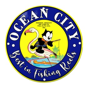 Ocean City Porcelain Sign ? Playful Fishing Imagery and Vibrant Colors from 1954