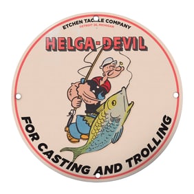 Vibrant Porcelain Sign Featuring Popeye and Helga-Devil Fishing Theme
