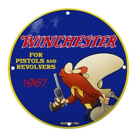 Colorful Winchester Sign Featuring Iconic 1967 Character with Revolver