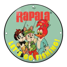 Whimsical Rapala Fishing Porcelain Sign Featuring Classic Animated Characters
