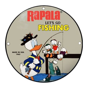 Vintage Rapala Fishing Sign with Iconic Characters and Nostalgic Charm