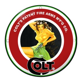 Vibrant Colt's Patent Fire Arms Porcelain Sign Featuring Iconic 1952 Artwork