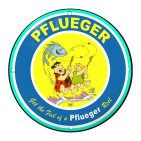 Pflueger Fishing Sign Featuring Iconic Cartoon Characters from 1961