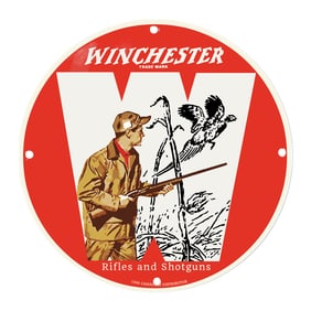 Classic Winchester Porcelain Sign: Vintage Hunter Imagery with Bold Red and White Colors