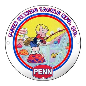 Charming Porcelain Sign for Penn Fishing Tackle Mfg. Co. Featuring Whimsical Fishing Scene