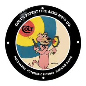 Colt's Patent Fire Arms Porcelain Sign Featuring Playful Character and Vivid Targets