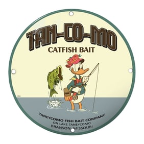 Colorful Porcelain Sign: Tan-Co-Mo Catfish Bait Featuring Iconic Duck Fisherman