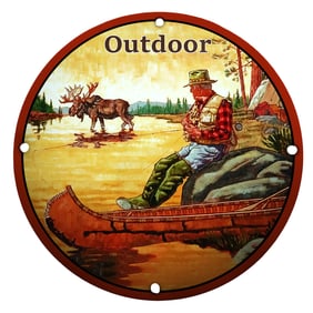 Rustic Outdoor Adventure Porcelain Sign Featuring Fisherman and Moose