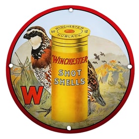 Vibrant Winchester Shot Shells Porcelain Sign Featuring Game Bird Design