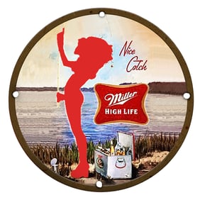 Vintage Miller High Life Sign - 'Nice Catch' Porcelain Fishing Scene Artwork