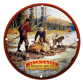 Scenic Outdoor Adventure with Winchester Repeating Arms Co. Porcelain Sign