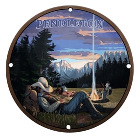 Captivating Pendleton Porcelain Sign: Rustic Cowboy Campfire Scene Amidst Majestic Mountains