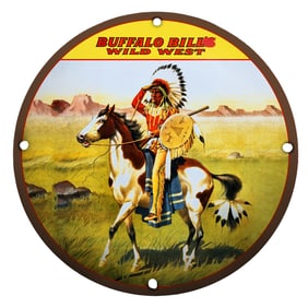 Buffalo Bill's Wild West Porcelain Sign Featuring Native American Horseman