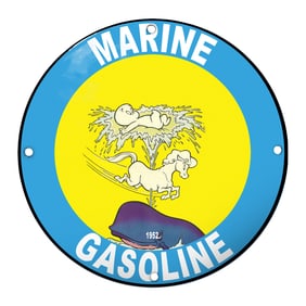 Vivid Marine Gasoline Porcelain Sign with Whimsical Imagery and 1952 Branding