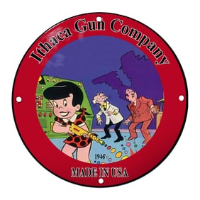Vivid Porcelain Sign Featuring Ithaca Gun Company with Classic Cartoon Imagery
