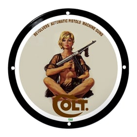 Captivating Colt Sign Featuring Iconic Woman with Firearm and Black Cat - 1944 Design