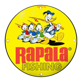 Vibrant Rapala Fishing Sign Featuring Donald Duck and Friends