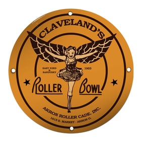 Claveland's Roller Bowl Porcelain Sign Featuring Vintage Roller Skating Imagery