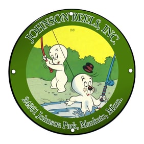 Charming Johnson Reels Sign Featuring Cartoon Characters from 1949