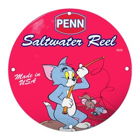 Vintage Penn Saltwater Reel Porcelain Sign Featuring Iconic Cartoon Characters