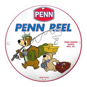 Penn Fishing Tackle Co. Porcelain Sign Featuring Yogi Bear and Boo Boo in a Playful Fishing Scene
