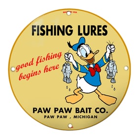 Bright Yellow Porcelain Sign Featuring Donald Duck for Paw Paw Bait Co.