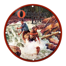 Vintage 'Outdoor Life' Porcelain Sign Featuring Adventurous Canoeists in Nature's Paradise