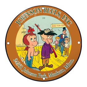 Vintage 1949 Johnson Reels Inc. Fishing Sign with Colorful Cartoon Imagery