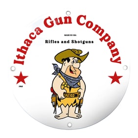 Vintage Ithaca Gun Company Sign Featuring Playful Cowboy Character | 1968