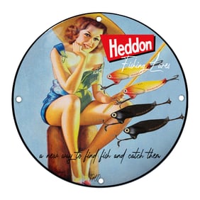 Charming Heddon Fishing Lures Porcelain Sign Featuring Retro Pin-Up Art