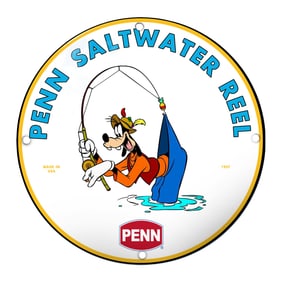 Penn Saltwater Reel Porcelain Sign Featuring Goofy Fishing Fun - 1957