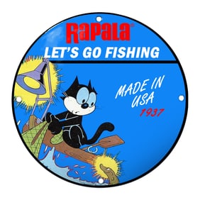 Catch the Fun with Rapala's Playful 'Let's Go Fishing' Porcelain Sign from 1937