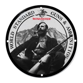 Winchester Guns & Ammunition Porcelain Sign with Iconic Hunter Imagery