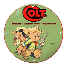 Colorful 1962 Colt Sign Featuring Adorable Cartoon Characters and Classic Firearms Imagery
