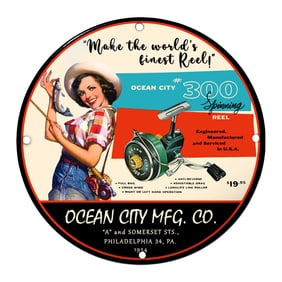 Vintage Ocean City #300 Spinning Reel Porcelain Sign - Detailed Fishing Imagery