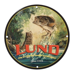 LUNDFISH: Captivating Porcelain Sign Featuring Majestic Largemouth Bass in Vibrant Nature Scene