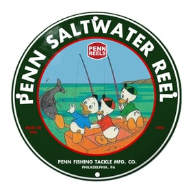 Vibrant Penn Saltwater Reel Sign with Whimsical Cartoon Ducks Fishing Scene