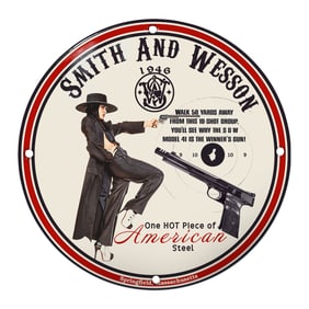 Smith and Wesson 1946 Porcelain Sign Featuring a Striking Gunslinger Design